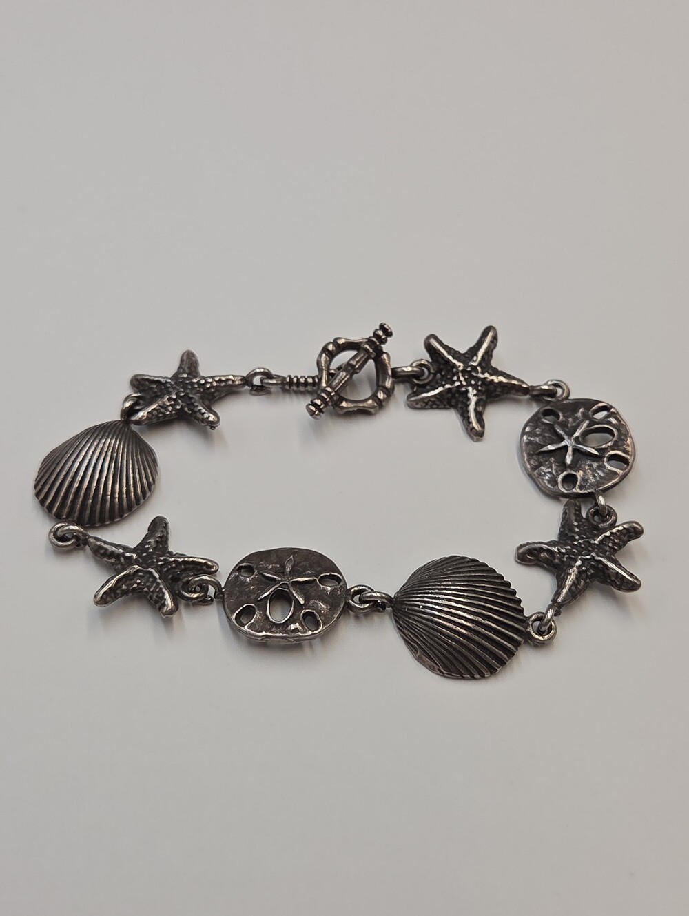 Vintage Sterling Silver Seashell Sand Dollar Starfish Bracelet 8"